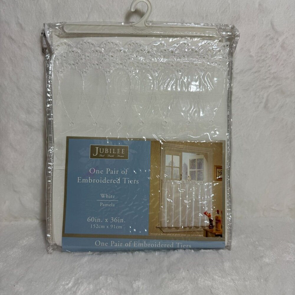 Jubilee Embroidered Window Curtain Tiers Set 60"x36" Pamela White Elegant Decor